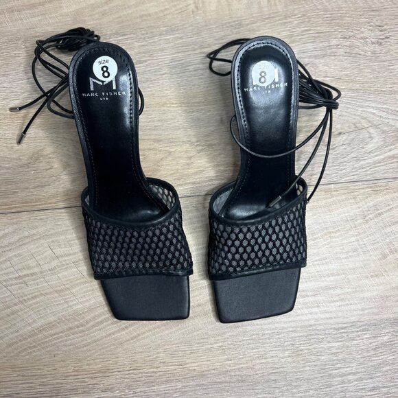 NEW Marc Fisher Dallyn Square Toe Ankle Strap Strappy Sandals Black Mesh Heel 8 - Picture 2 of 8